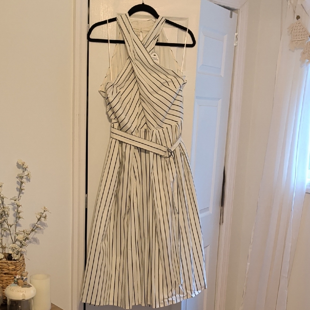Chic Striped Cross-Halter Midi Dress